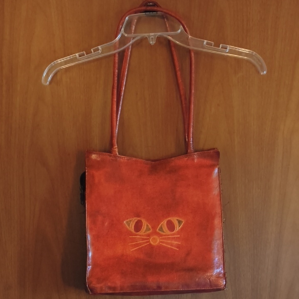 Cute Cat Motif Brown Leather Shoulder Bag